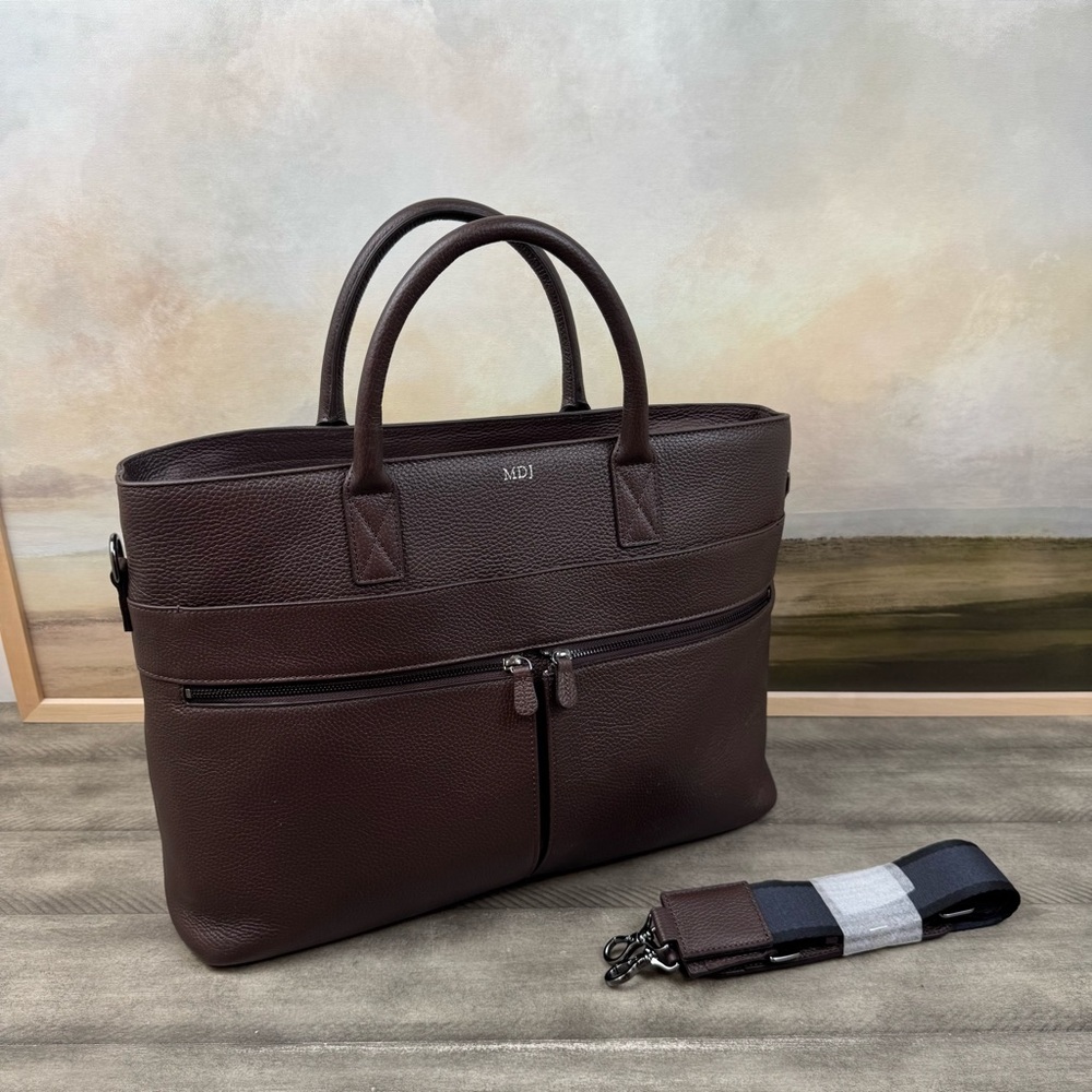 Mark & Graham Graham Pebbled Leather Briefcase Bag Chocolate Brown Monogram Read